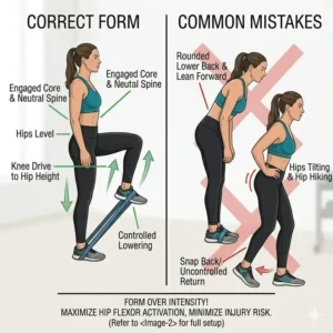 A side-by-side comparison of correct and incorrect posture for the resistance band hip flexor stretch.
