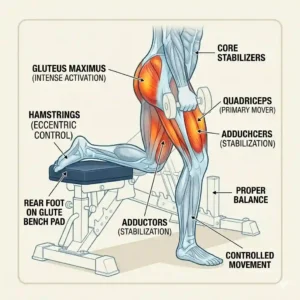 Illustration of a trainee using the padded edge of a glute bench for elevated single-leg split squats.