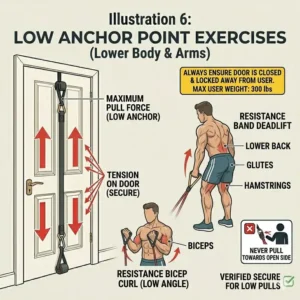 Illustration of lower body and arm exercises performed with a resistance band door anchor attached to the bottom of the door.