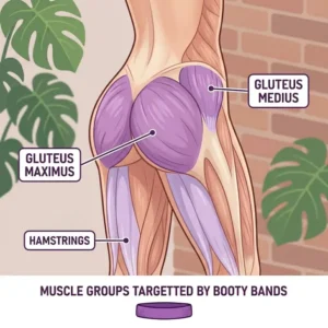 A muscle anatomy diagram highlighting the gluteus maximus, medius, and thighs targeted by booty bands.