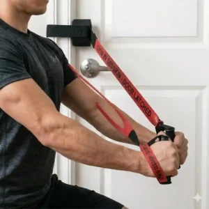 A fitness enthusiast performing an anti-rotation Pallof press for core strength with a stretch band door anchor.