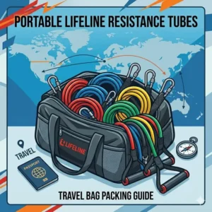 Illustration of compact lifeline resistance tubes packed into a travel bag, highlighting their portability for mobile fitness.