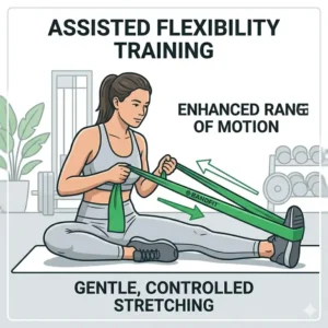 A person using a green exercise band to assist with deep leg stretches during a yoga routine.