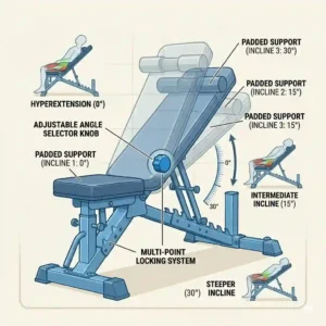 Diagram showing various incline levels on an adjustable glute bench for different workout intensities.