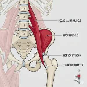 An anatomical illustration showing the muscles targeted during hip flexor exercises with resistance bands.