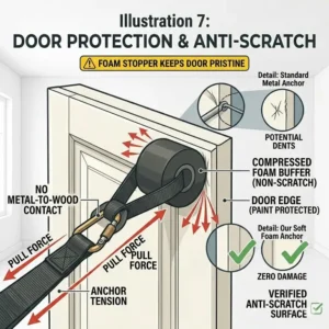 Close-up graphic showing how the soft foam stopper of a resistance band door anchor prevents scratches and damage to home doors.