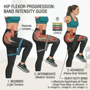 Various levels of heavy-duty bands used to increase difficulty in a resistance band hip flexor program.