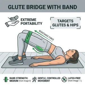 An individual performing glute bridges with a green exercise band positioned above the knees for extra burn.