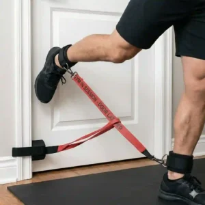 An ankle strap and resistance band anchored to the bottom of a door using a stretch band door anchor for leg extensions