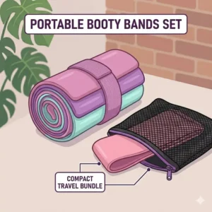 A set of rolled-up booty bands next to a travel mesh carrying pouch for home and gym workouts.
