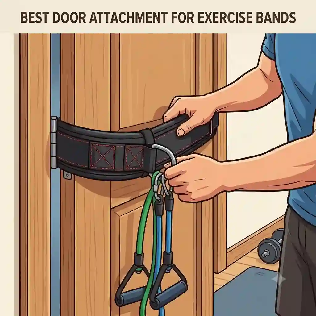 A person securing a heavy-duty door attachment for exercise bands into a sturdy home door frame before a workout.