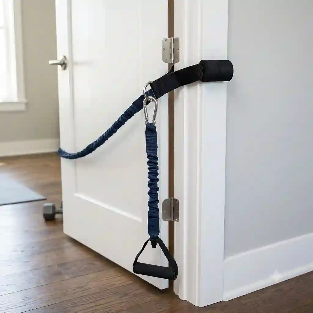 An exercise band anchor securely installed in a heavy-duty door frame with a resistance band attached for a home workout.