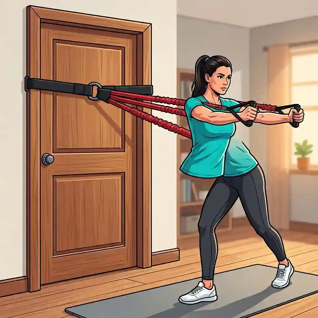 A person performing a standing chest press using a heavy-duty door attachment for resistance bands secured in a home doorway.