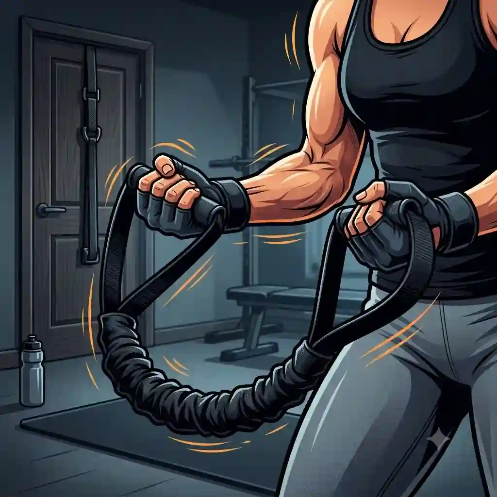 A person using heavy workout bands anchored to a door for a full-body strength training routine in a home gym.
