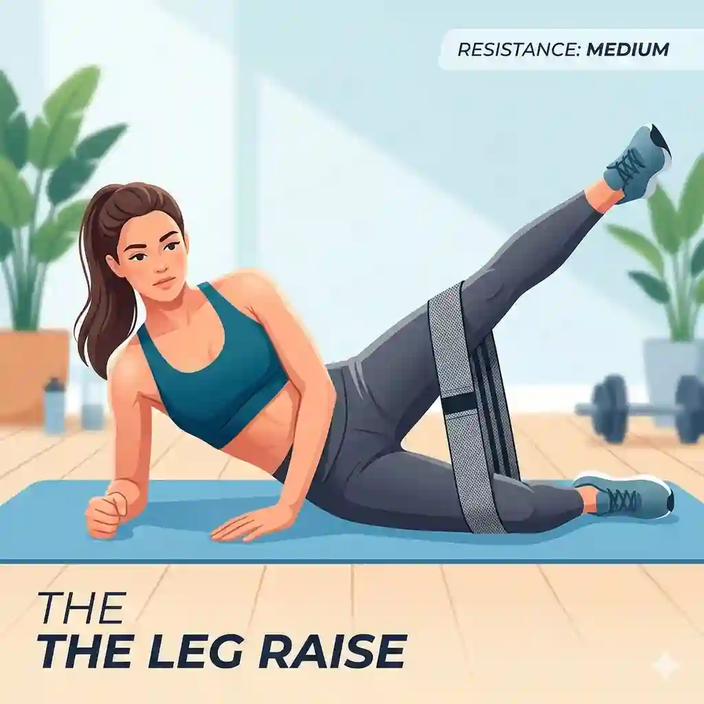 An athlete on a yoga mat using a fabric hip workout band around her thighs during side-lying leg raises.