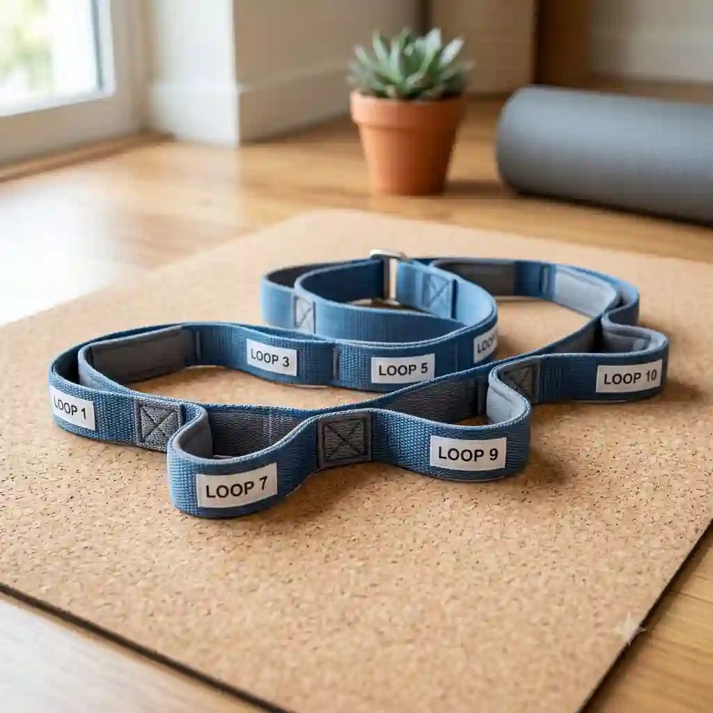 A high-quality featured image of a premium stretch strap with loops displayed neatly on a yoga mat.