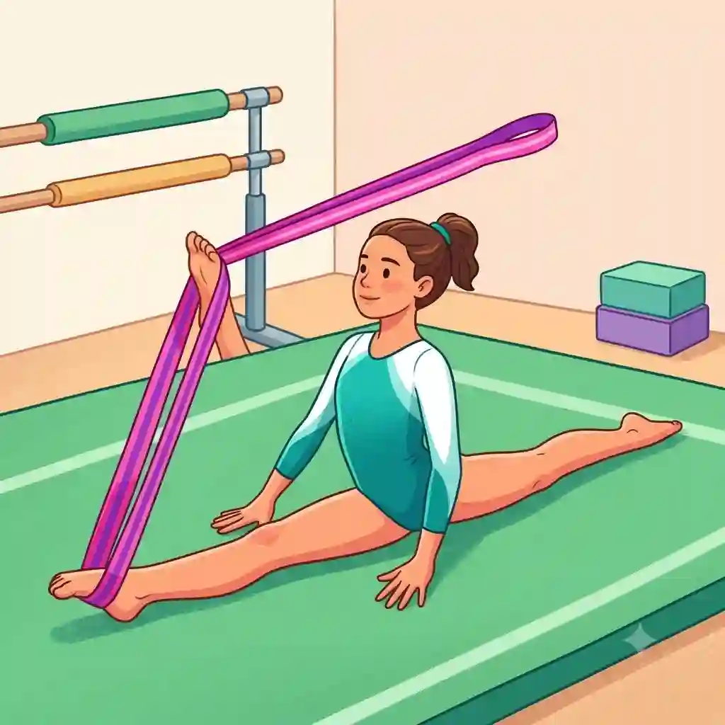 A gymnast in a deep split on a green mat using a long gymnastics stretch bands.