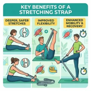 Infographic highlighting the physical benefits of using a stretching exercise strap for flexibility and daily mobility.
