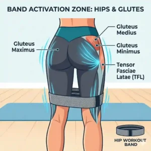 An anatomical illustration highlighting the glute and hip muscles activated during a hip workout band routine.