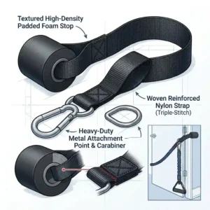 Illustration showing the heavy-duty components of a premium exercise band anchor, including the padded door protector and durable nylon strap.