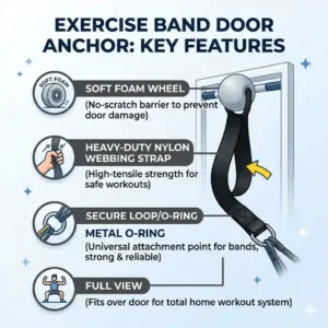 Diagram showing components of an exercise band door anchor including the soft foam wheel, heavy-duty strap, and secure resistance band loop.