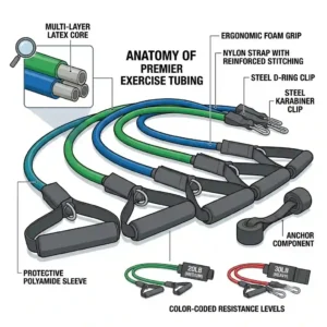 A labeled diagram illustrating the parts of premium exercise tubing, including the latex core, protective sleeve, and steel D-ring clip.