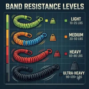 An illustration chart showing different color-coded heavy workout bands paired with their equivalent weight tensions.