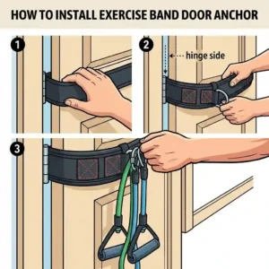 A step-by-step diagram showing how to position and install a door attachment for exercise bands on the hinge side of a closed door.