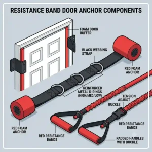 An illustration detailing the parts of a premium door attachment for resistance bands, highlighting the heavy-duty webbing and soft foam anchor.