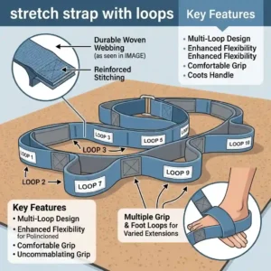Diagram showing the anatomy and multi-loop design of a durable stretch strap with loops.
