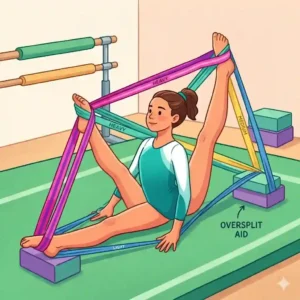 Close-up diagram of proper foot loop attachment technique for gymnastics stretch bands.