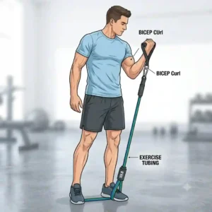 An illustration of a person performing bicep curls using a blue exercise tubing band by stepping on the center of the cord.