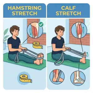 Illustration demonstrating a seated hamstring and calf stretch using a stretching exercise strap wrapped around the foot.