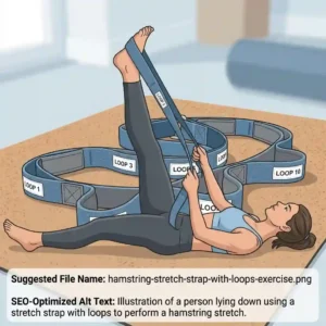 Illustration of a person lying down using a stretch strap with loops to perform a hamstring stretch.