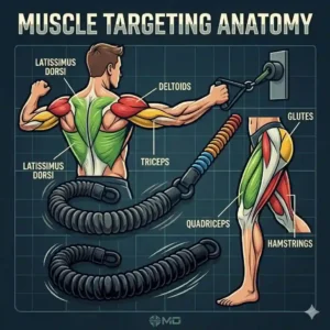Vector diagram highlighting the muscle groups targeted when executing a squat using heavy workout bands.