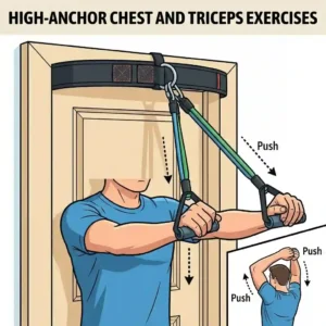 Illustration of a user performing chest presses using a door attachment for exercise bands fixed at the top of the door frame.