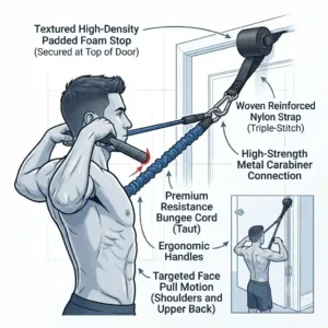 Vector illustration of a person using a high-positioned exercise band anchor for face pulls and tricep extensions.