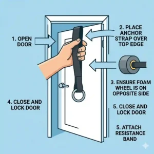 Step-by-step illustration showing how to place the exercise band door anchor over the top edge of an open door.