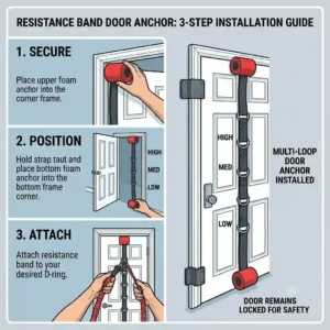 A 3-step diagram illustrating how to safely position, close, and lock a door attachment for resistance bands before starting a workout.