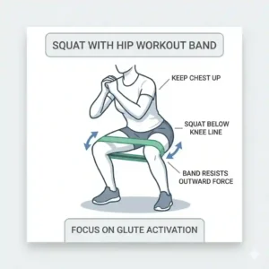An instructional graphic demonstrating proper squat form while using a non-slip hip workout band for extra resistance.