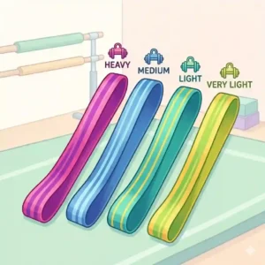 Illustration of a series of gymnastics stretch bands showing different resistance levels.