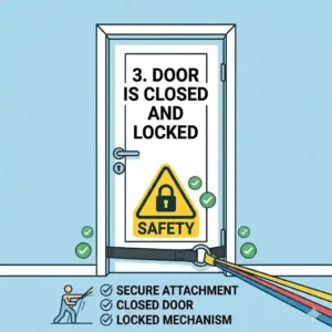 Demonstration of a securely closed and latched door with the exercise band door anchor firmly in place for a workout.
