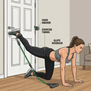 Side view graphic showing a woman executing a glute kickback workout using a resistance exercise tubing secured to a door anchor.