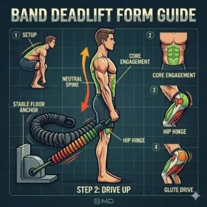 A step-by-step graphic illustrating correct posture and body alignment for a deadlift using heavy workout bands.