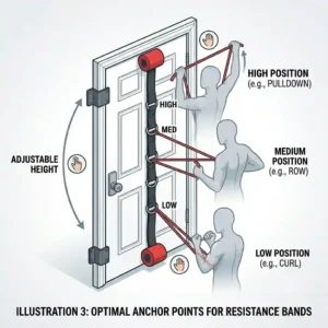 Infographic showing a door attachment for resistance bands placed at three different heights: top of the door for pulldowns, middle for rows, and bottom for bicep curls.
