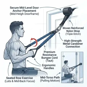 Illustration of a mid-level exercise band anchor setup on a door for resistance band rows and core rotations.