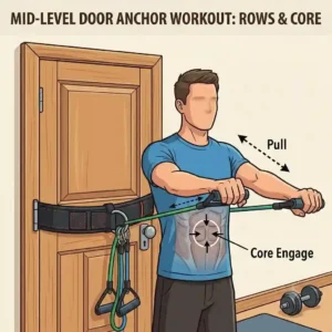 An illustration demonstrating a resistance band row workout with the door attachment for exercise bands fixed at waist height.
