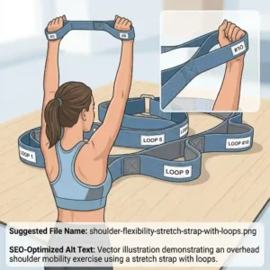 Vector illustration demonstrating an overhead shoulder mobility exercise using a stretch strap with loops.