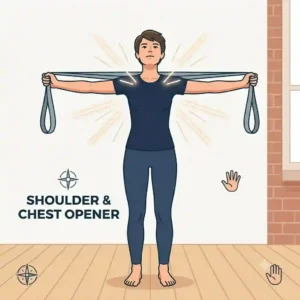 Graphic showing a standing overhead chest expansion stretch using a durable stretching exercise strap.