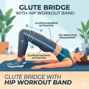 A visual guide showing a fitness trainer performing a glute bridge utilizing an elastic hip workout band.